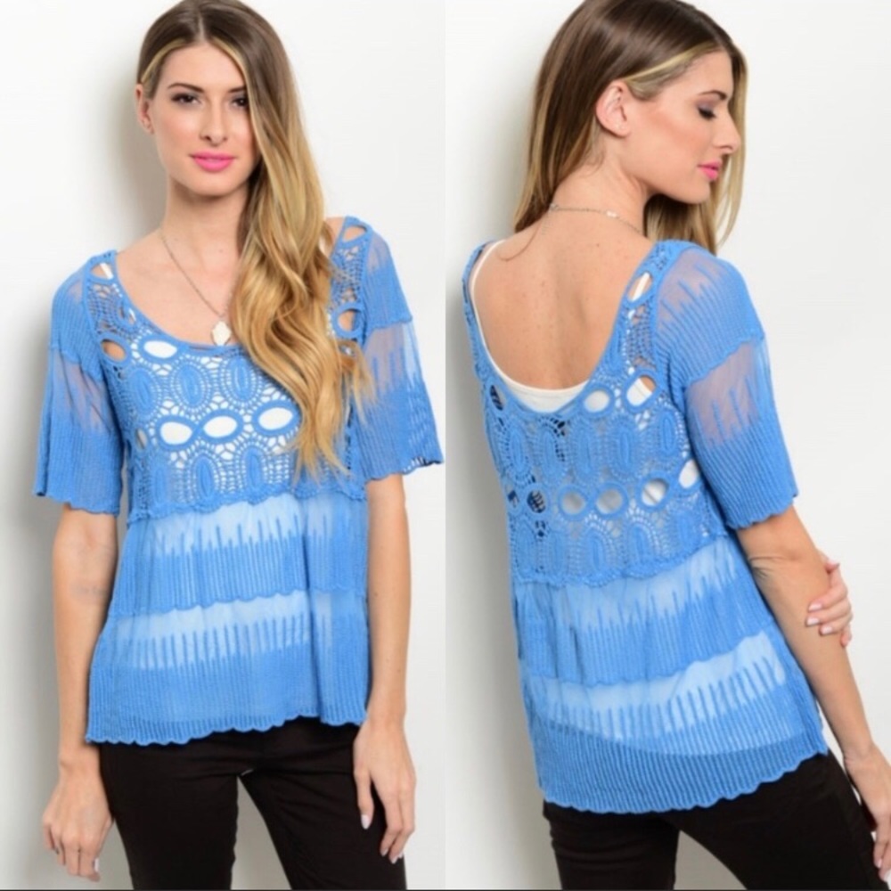 Blue Sheer Crochet Top Must Have